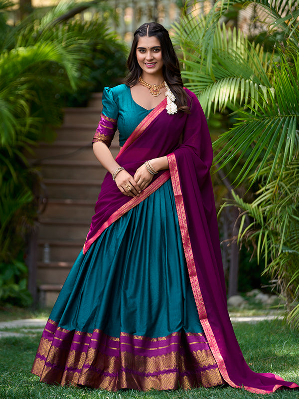 Teal Poly Cotton With Zari Weaving Lehenga Choli