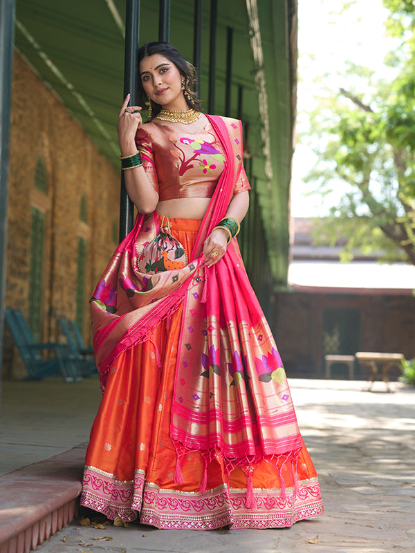 Orange Jacquard Silk Paithani Zari Weaving Lehenga Choli