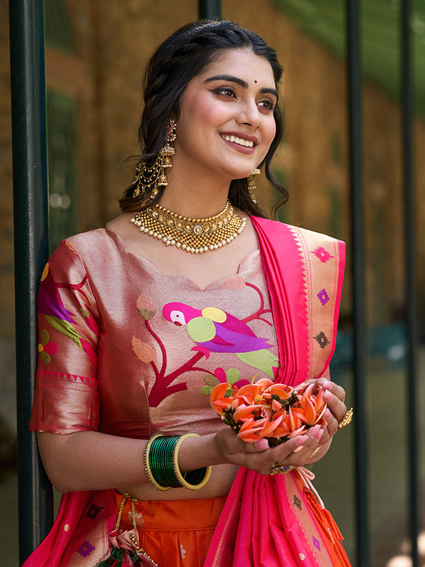 Orange Jacquard Silk Paithani Zari Weaving Lehenga Choli