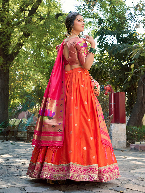 Orange Jacquard Silk Paithani Zari Weaving Lehenga Choli