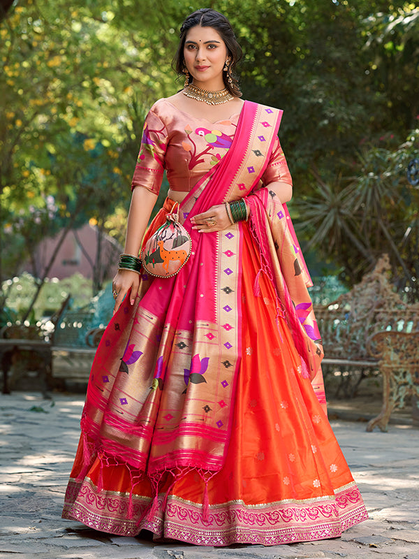 Orange Jacquard Silk Paithani Zari Weaving Lehenga Choli