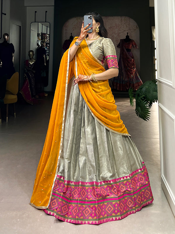 Grey Jacquard Silk Kanjivaram Lehenga Choli With Dupatta