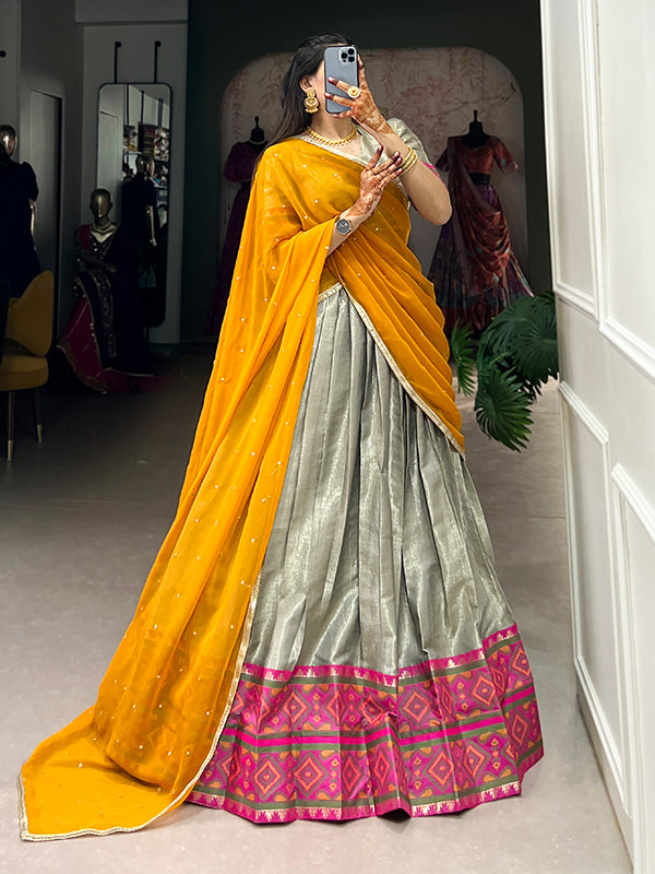 Grey Jacquard Silk Kanjivaram Lehenga Choli With Dupatta