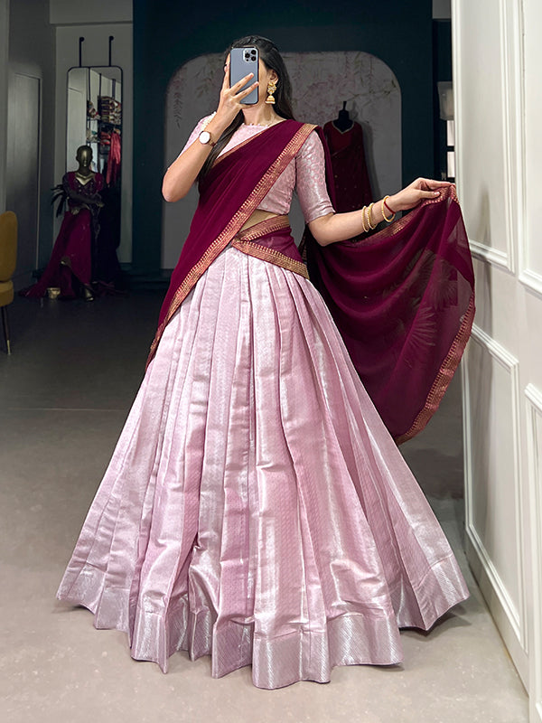 Baby Pink Jacquard Silk Zari Weaving Lehenga Choli