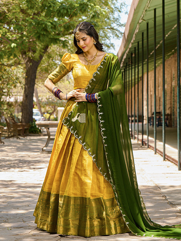 Yellow Kanjivaram Zari Weaving Lehenga Choli