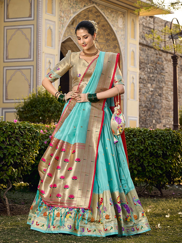 Sky Blue Jacquard Silk Paithani Zari Weaving Lehenga Choli