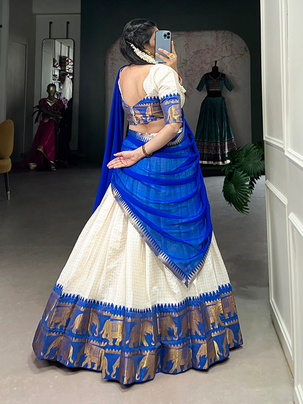 Blue & White Kalyani Cotton Lehenga Choli With Dupatta