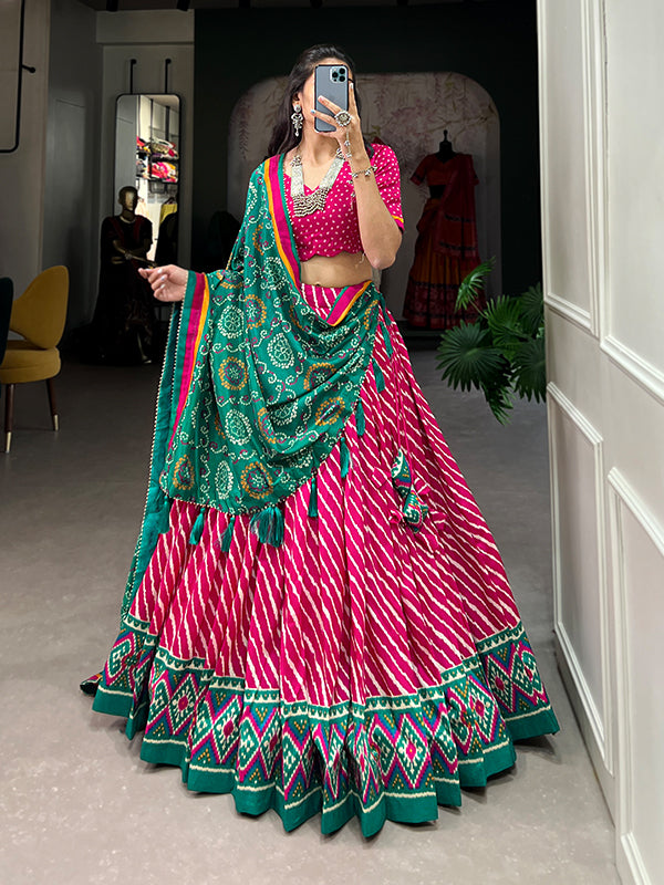 Pink Tussar Silk With Leheriya Patola Print Lehenga Choli With Dupatta