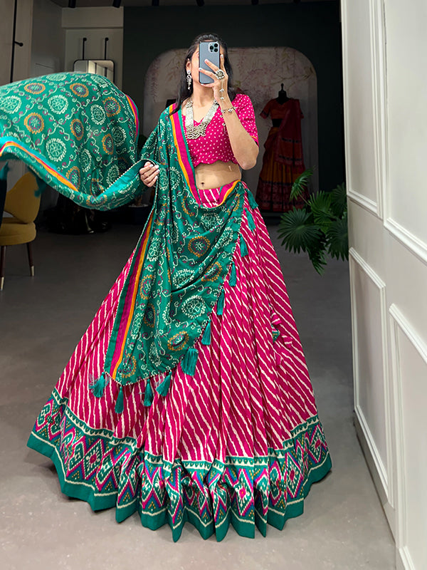 Pink Tussar Silk With Leheriya Patola Print Lehenga Choli With Dupatta