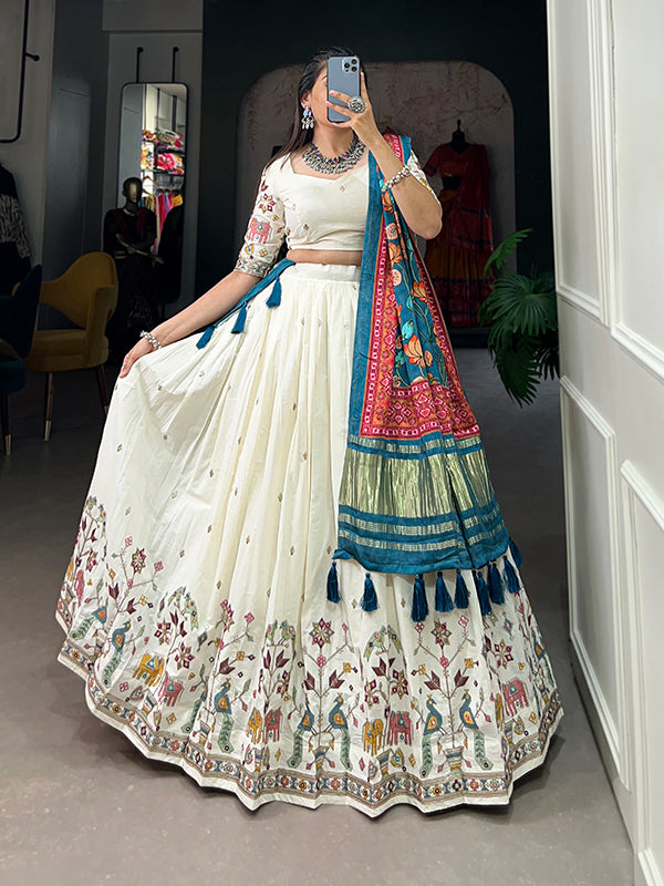 Peacock Design Khadi Cotton With Sequins Embroidered Lehenga Choli