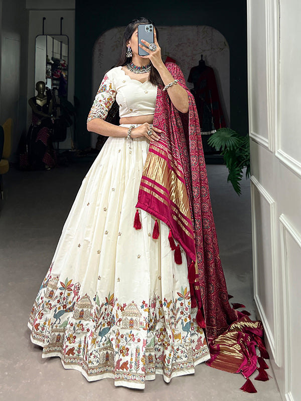 Temple Design Khadi Cotton With Sequins Embroidered Lehenga Choli