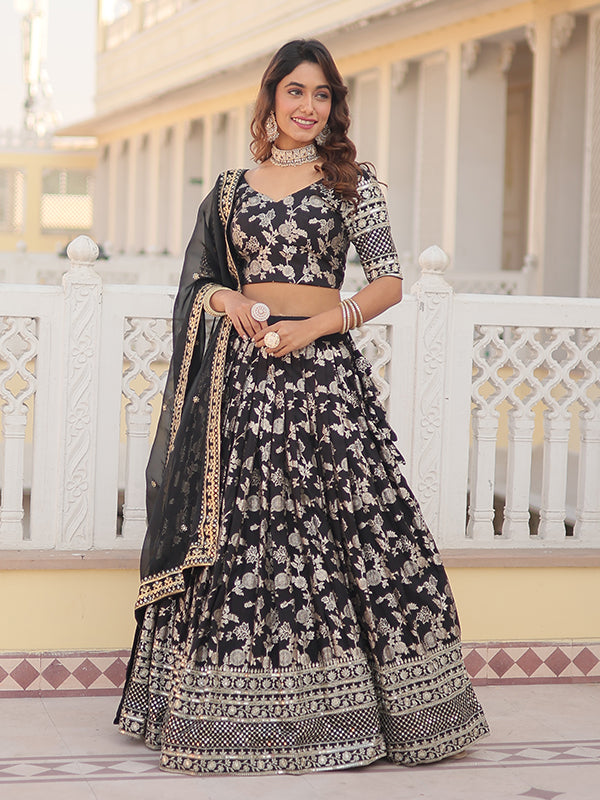 Black Viscose Jacquard With Embroidered Sequins Lehenga Choli