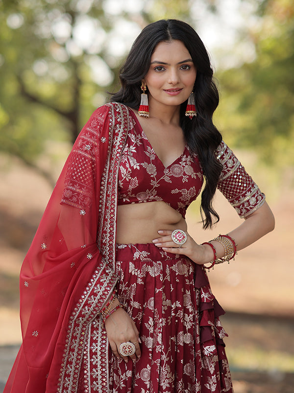 Maroon Viscose Jacquard With Embroidered Sequins Lehenga Choli