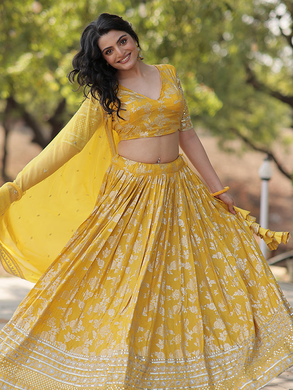 Yellow Viscose Jacquard With Embroidered Sequins Lehenga Choli