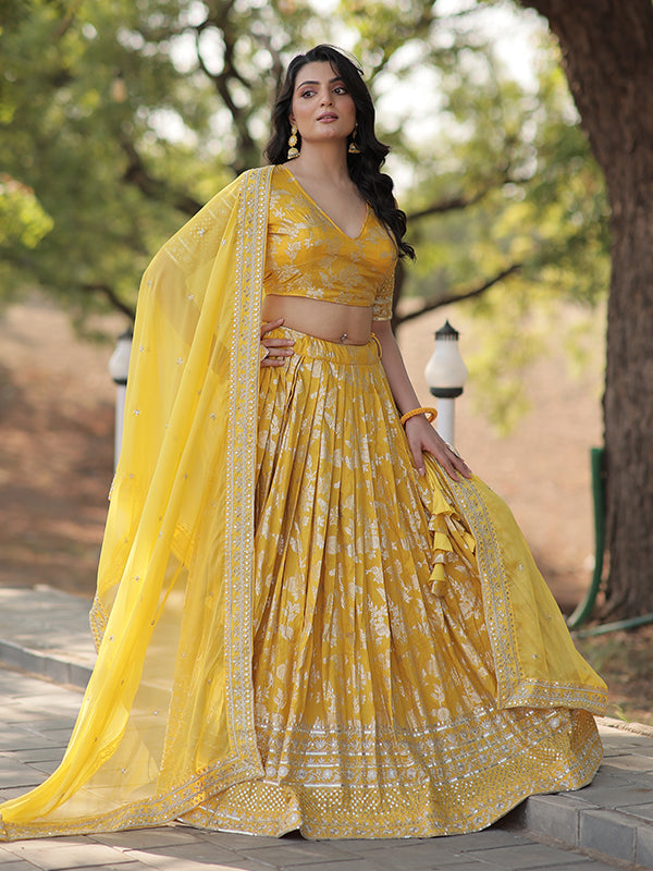 Yellow Viscose Jacquard With Embroidered Sequins Lehenga Choli