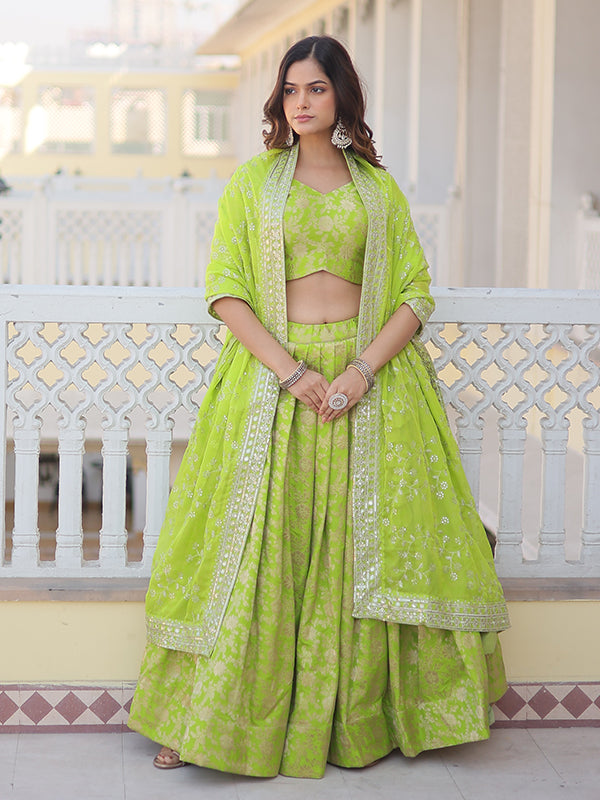 Pista Viscose Jacquard With Embroidered Sequins Lehenga Choli