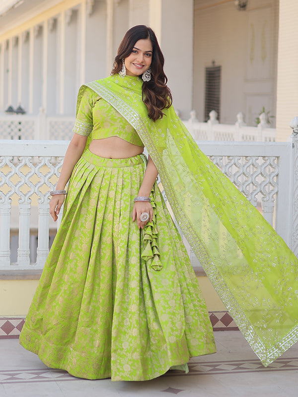 Pista Viscose Jacquard With Embroidered Sequins Lehenga Choli