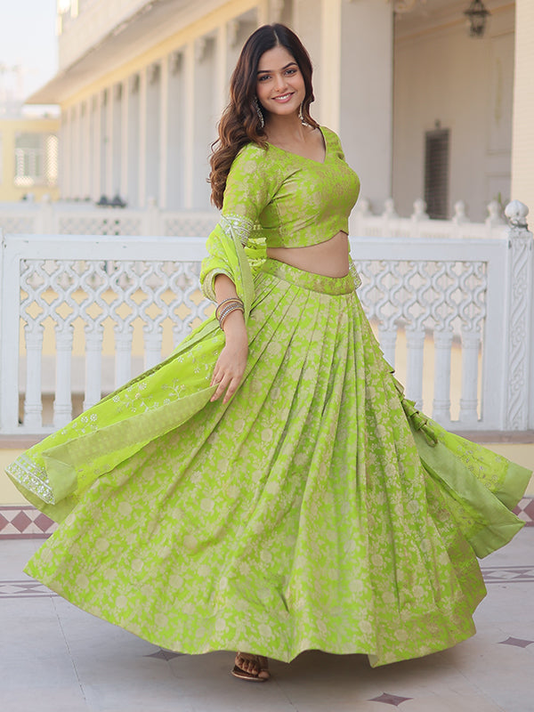 Pista Viscose Jacquard With Embroidered Sequins Lehenga Choli