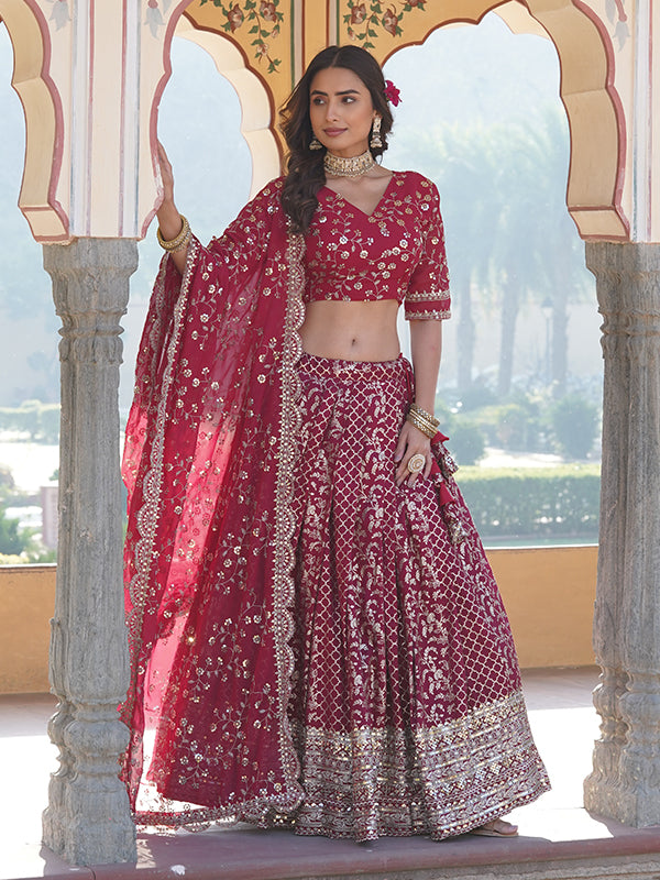 Deep Pink Viscose Jacquard With Embroidered Sequins Lehenga Choli