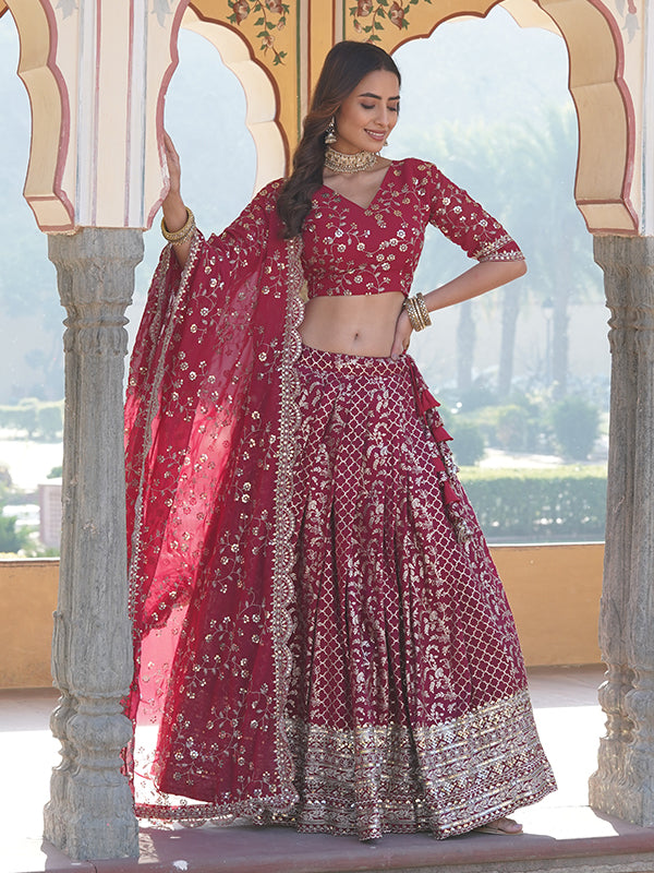 Deep Pink Viscose Jacquard With Embroidered Sequins Lehenga Choli