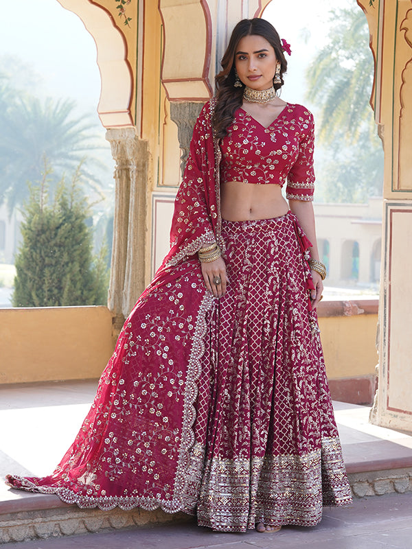 Deep Pink Viscose Jacquard With Embroidered Sequins Lehenga Choli