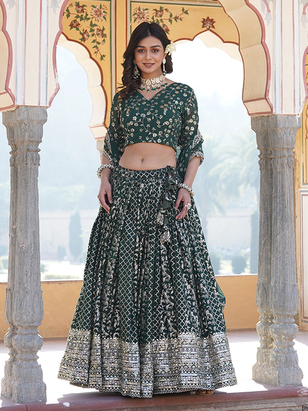 Green Viscose Jacquard With Embroidered Sequins Lehenga Choli