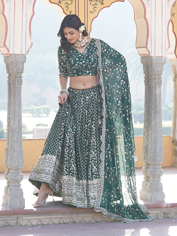 Green Viscose Jacquard With Embroidered Sequins Lehenga Choli