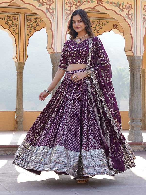 Wine Viscose Jacquard With Embroidered Sequins Lehenga Choli