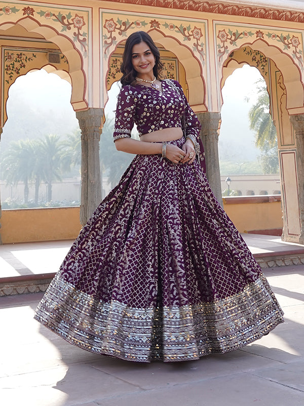 Wine Viscose Jacquard With Embroidered Sequins Lehenga Choli