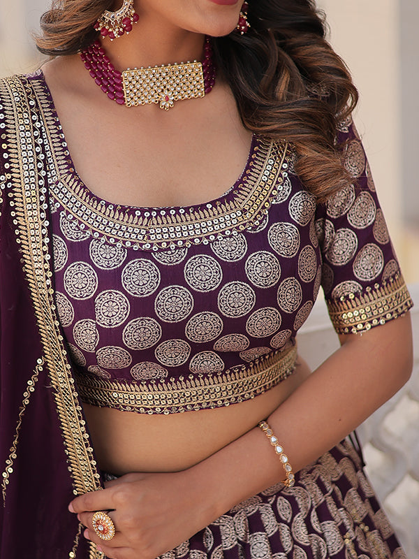 Wine Viscose Jacquard With Embroidered Lehenga Choli