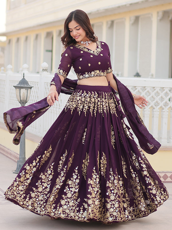 Wine Georgette With Sequins Embroidered Sequins Lehenga Choli