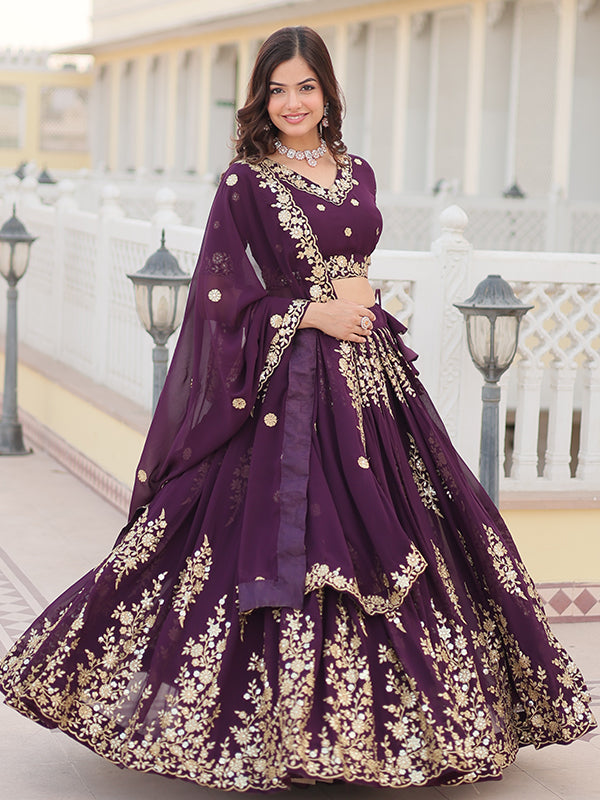 Wine Georgette With Sequins Embroidered Sequins Lehenga Choli