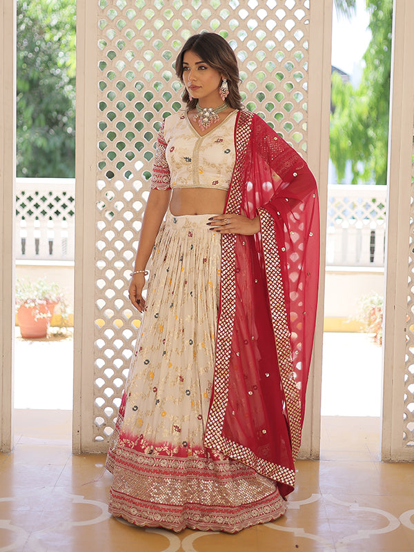 White Viscose Jacquard With Embroidered Sequins Lehenga Choli