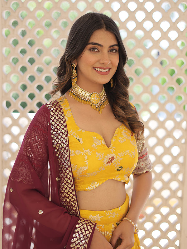 Yellow Viscose Jacquard With Embroidered Sequins Lehenga Choli