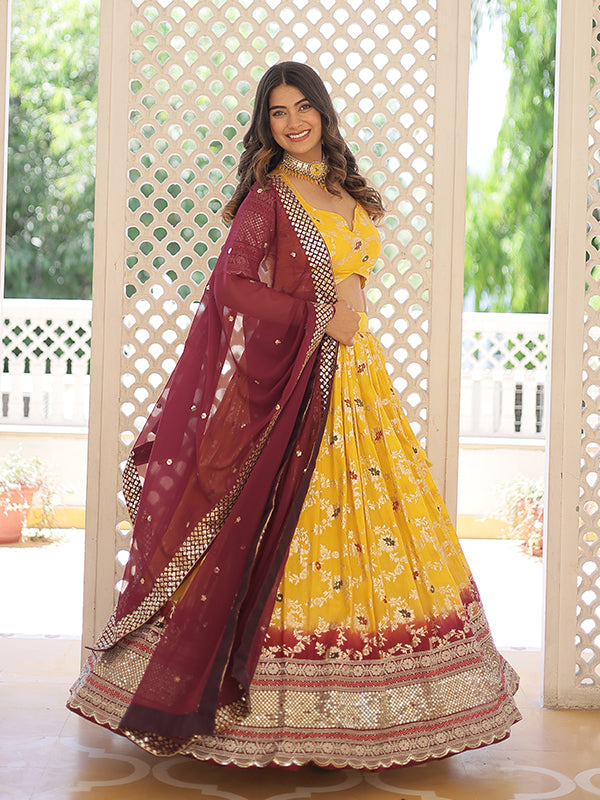 Yellow Viscose Jacquard With Embroidered Sequins Lehenga Choli