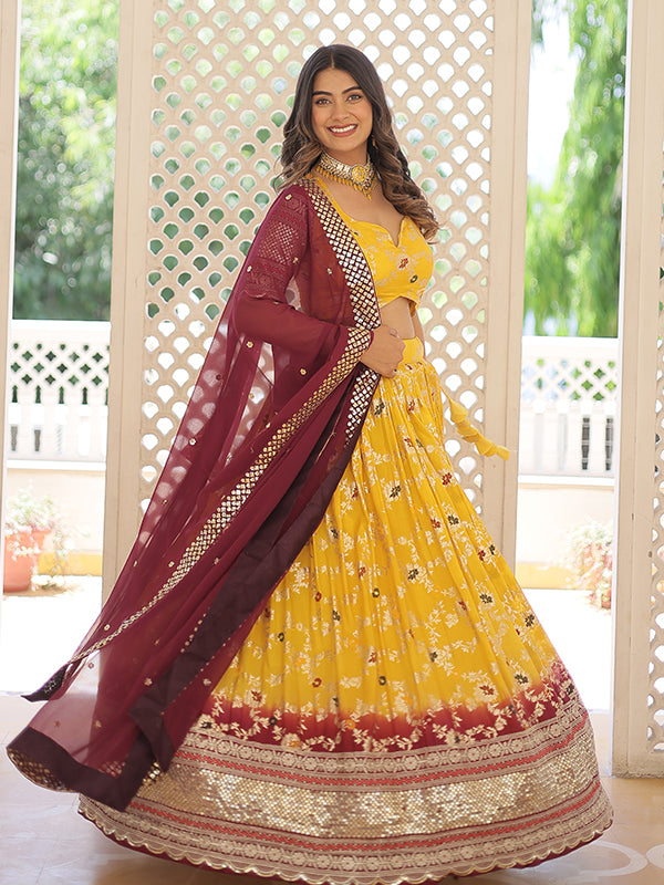 Yellow Viscose Jacquard With Embroidered Sequins Lehenga Choli