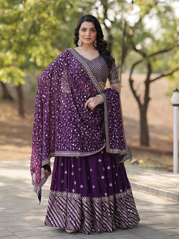 Purple Faux With Sequins Embroidered Sequins Lehenga Choli