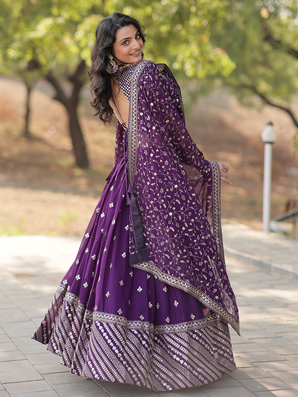 Purple Faux With Sequins Embroidered Sequins Lehenga Choli