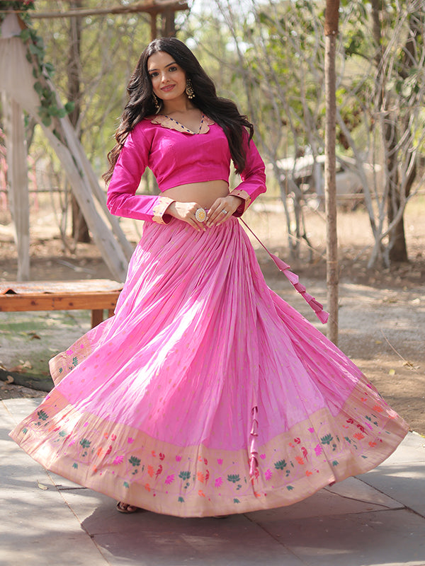 Pink Viscose Jequard With Kalamkari Jari Border Lehenga Choli