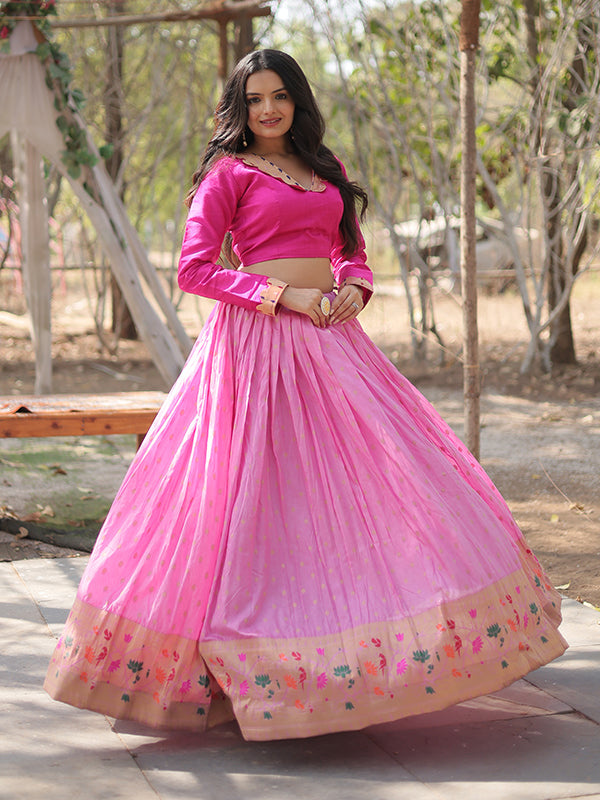 Pink Viscose Jequard With Kalamkari Jari Border Lehenga Choli