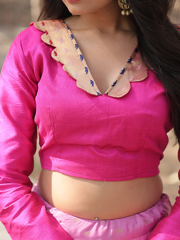 Pink Viscose Jequard With Kalamkari Jari Border Lehenga Choli