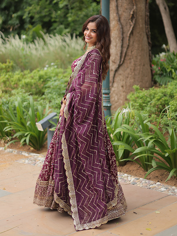 Wine Viscose Jacquard With Embroidered Sequins Lehenga Choli