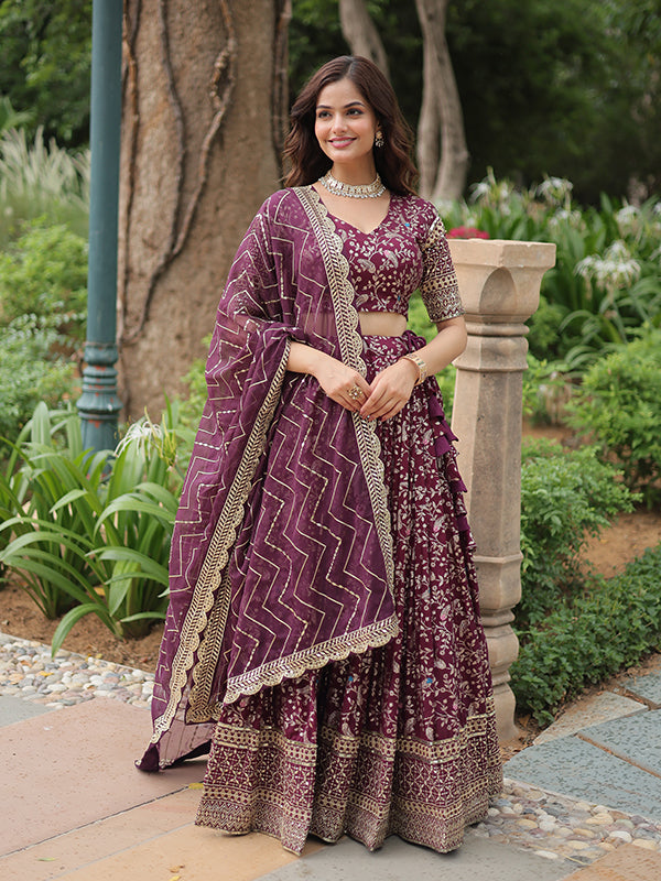 Wine Viscose Jacquard With Embroidered Sequins Lehenga Choli