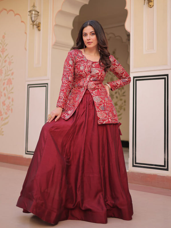 Maroon Jacquard Top With Simmer Vichitra Silk Lehenga