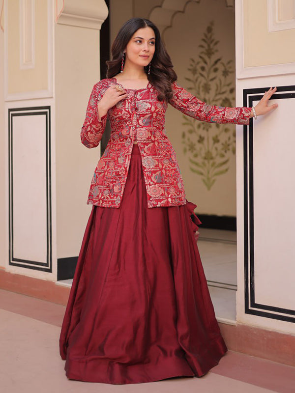 Maroon Jacquard Top With Simmer Vichitra Silk Lehenga