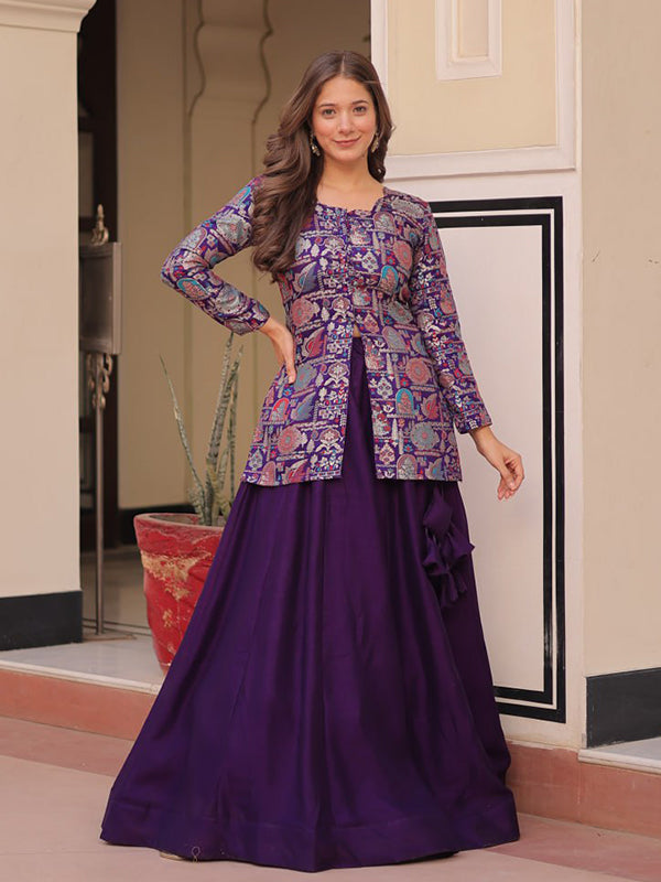 Purple Jacquard Top With Simmer Vichitra Silk Lehenga