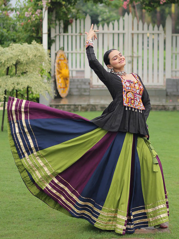 Black Kutchi Gamthi Work Top With Multi Color Lehenga