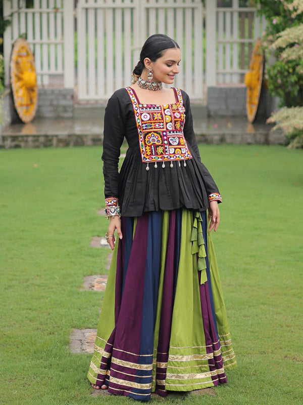 Black Kutchi Gamthi Work Top With Multi Color Lehenga
