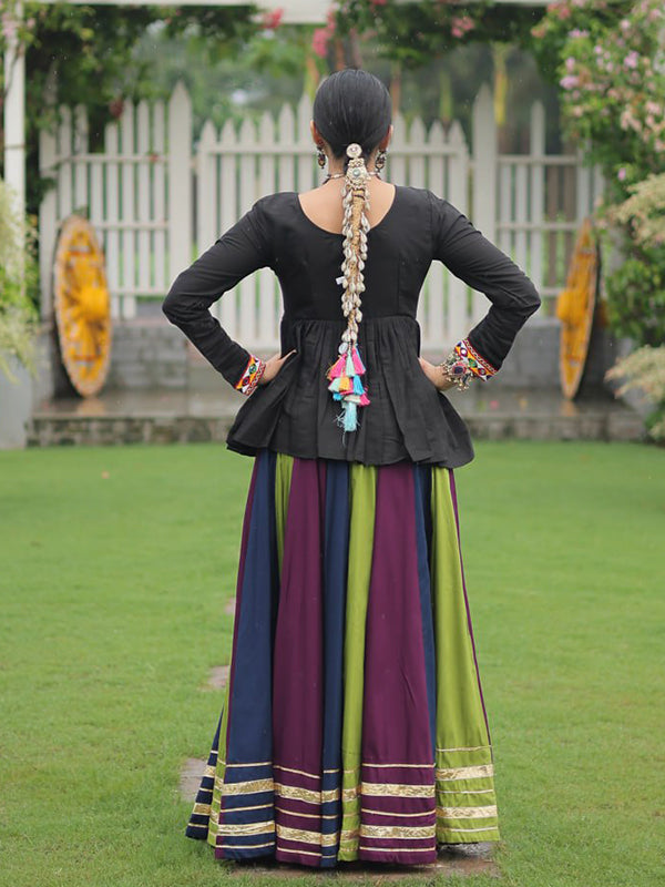 Black Kutchi Gamthi Work Top With Multi Color Lehenga