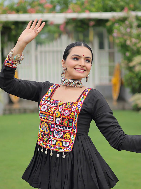 Black Kutchi Gamthi Work Top With Multi Color Lehenga